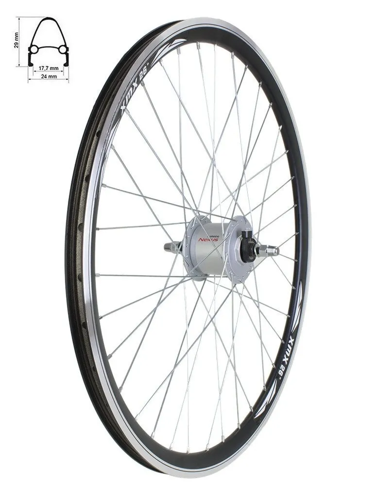 Koło przednie 26" obręcz stożkowa XMX czarna piasta Shimano z prądnicą
