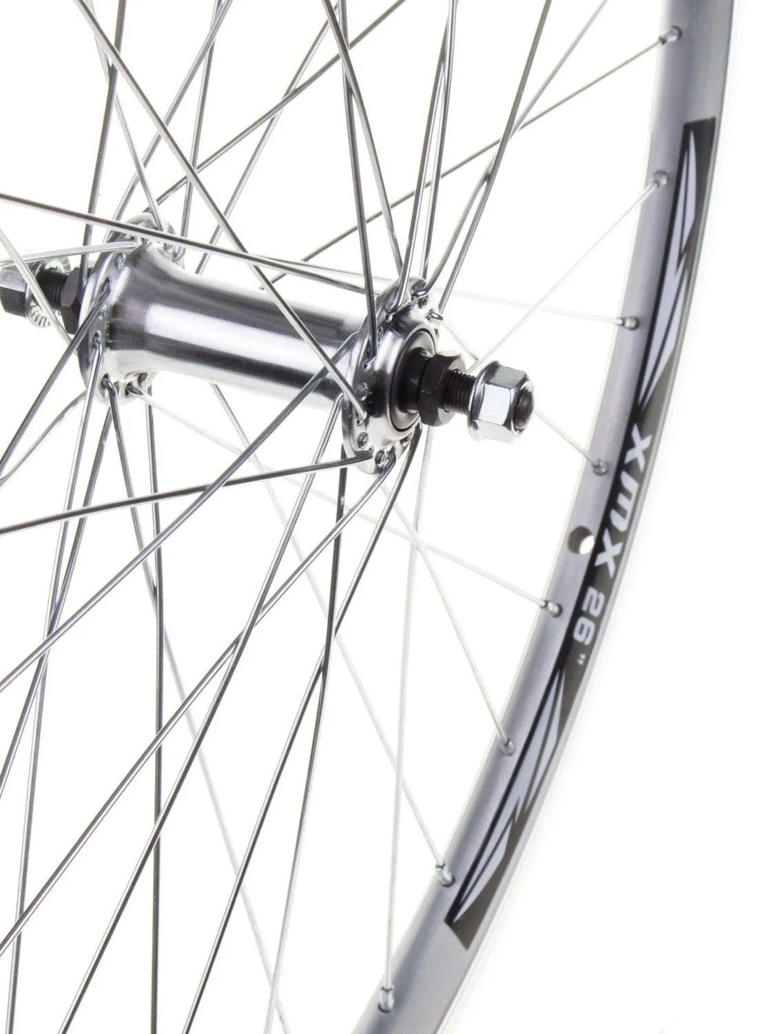 Koło przednie 28", obręcz stożkowa XMX srebrna, piasta aluminiowa na łożyskach maszynowych + nakrętki