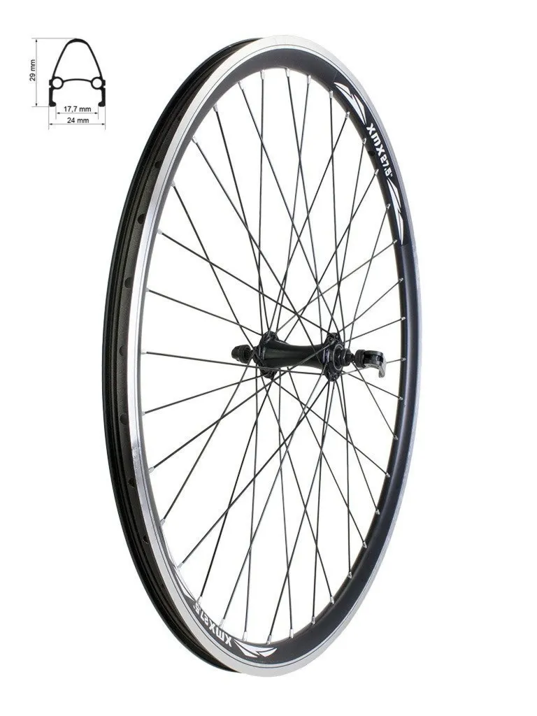 Koło przód 27,5" obręcz stożkowa czarna, piasta czarna QR, łożyska maszynowe, szprychy czarne
