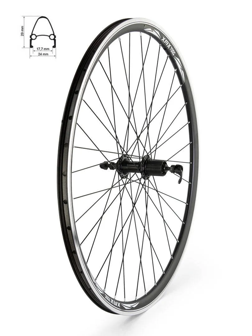 Koło tylne 28" piasta A281QR kaseta 8-10 rzędów, ,łożyska maszynowe, obręcz stożkowa czarna, szprychy czarne