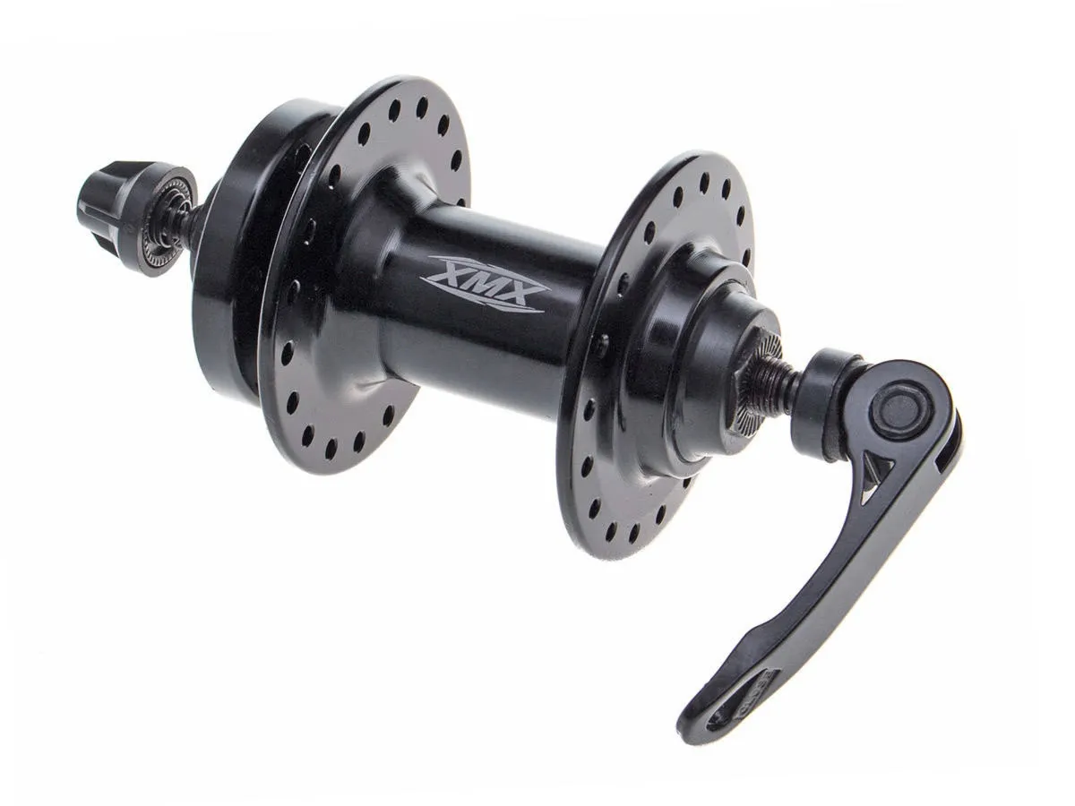 Piasta aluminiowa przednia XMX A282QF 36-otworów, QR, hamulec tarczowy, 3/8" 14G*36H*100*108, łożyska maszynowe ,oś CR-Mo, czarna