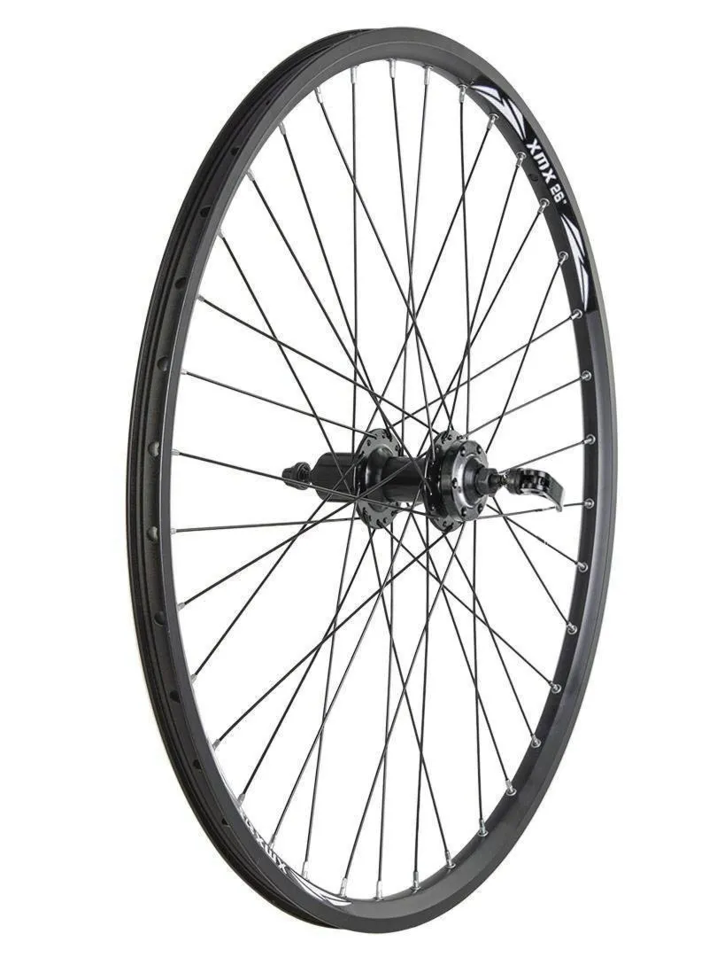 Koło aluminiowe tylne 26" DISC piasta XMX-A282QR kaseta 8-9-10 rzędów, hamulec tarczowy, łożyska maszynowe uszczelniane - czarne