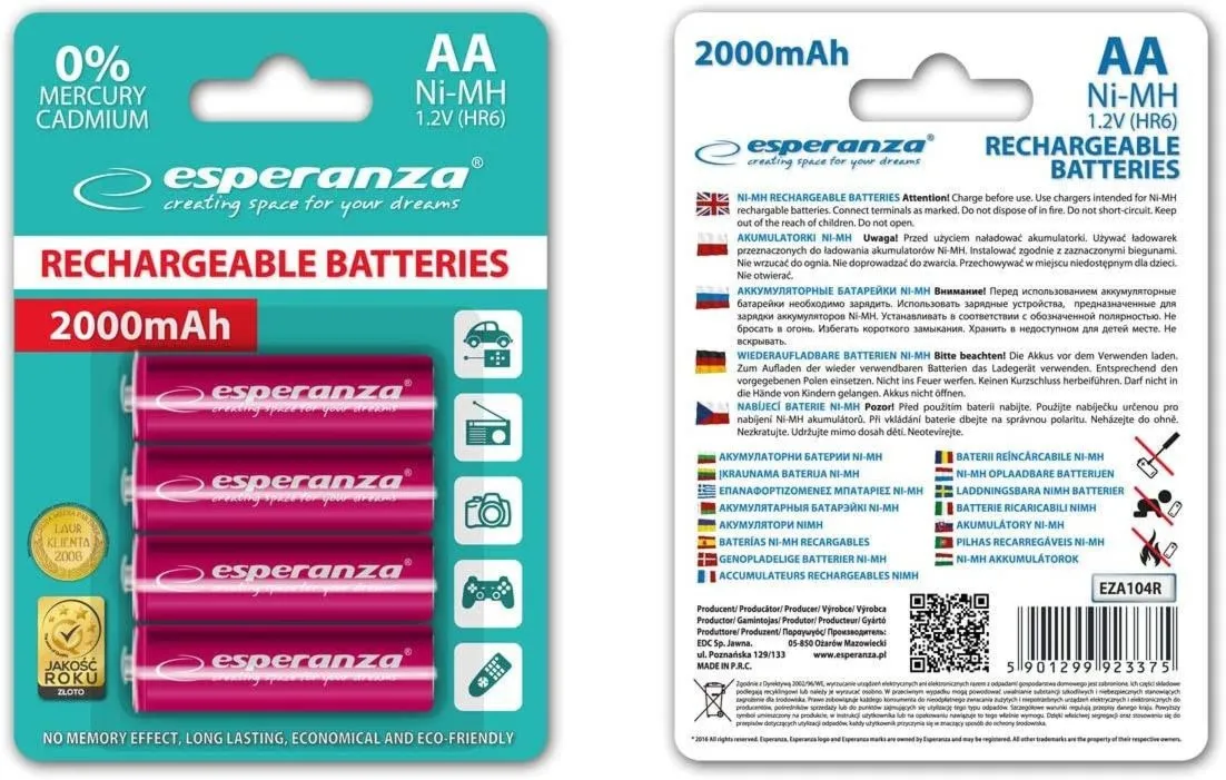 Akumulatorki AA Esperanza 2000mAh 4szt. czerwone