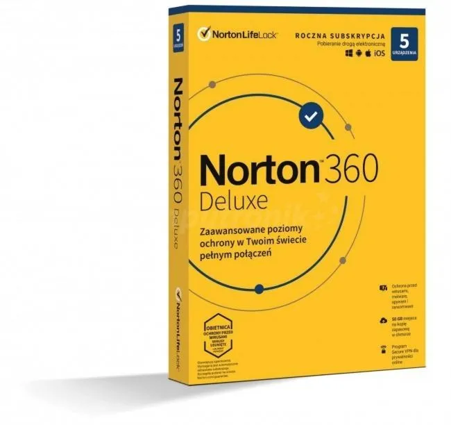 Oprogramowanie NORTON 360 Delux 50GB PL 1 użytkownik, 5 urządzeń, 1 rok